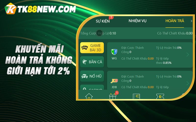 Khuyến Mãi Tk88 - Nhà cái khuyến mãi cực khủng khi đăng ký 7 Khuyến mãi hoàn trả không giới hạn tới 2%